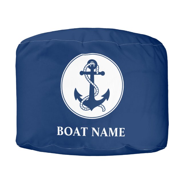 Boat Name Nautical Anchor Rope Navy Blue White Pouf (Front)