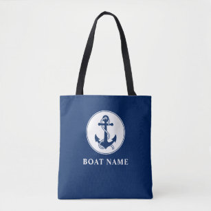 Boat Name Nautical Anchor & Rope Navy Blue White Tote Bag