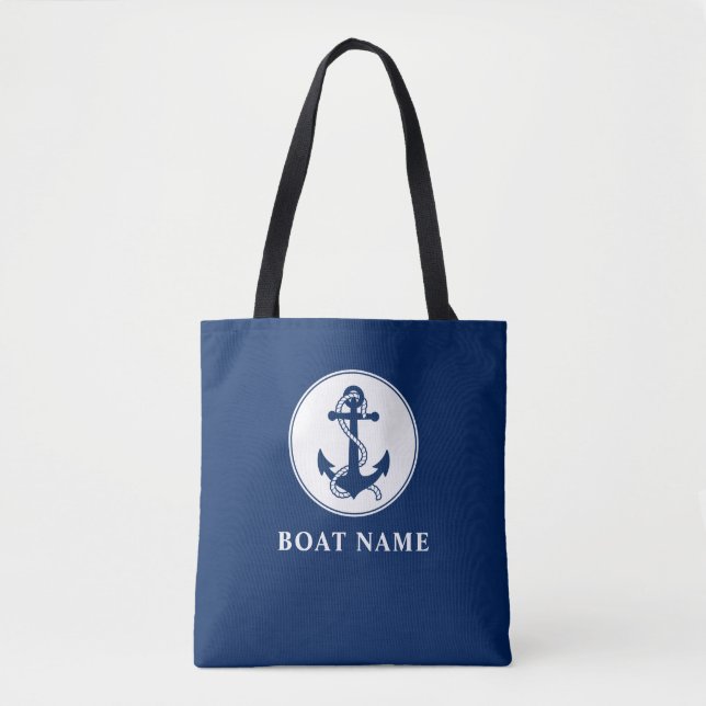 Boat Name Nautical Anchor & Rope Navy Blue White Tote Bag (Front)