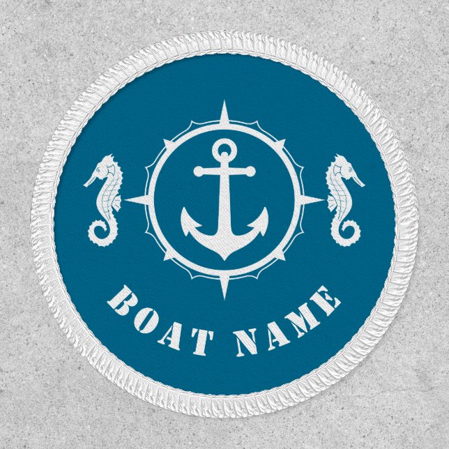 Boat Name Nautical Anchor Seahorse Aqua Blue White Patch (Front)