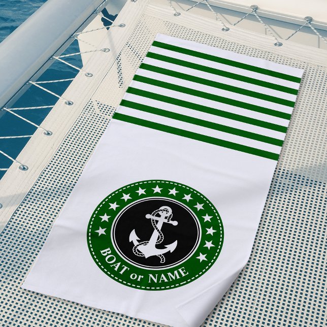 Boat Name Nautical Anchor Stars Forest Green Beach Towel (Creator Uploaded)