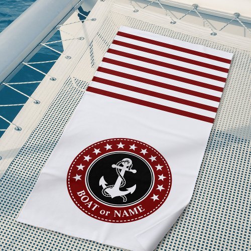 Boat Name Nautical Anchor Stars Stripes Deep Red Beach Towel