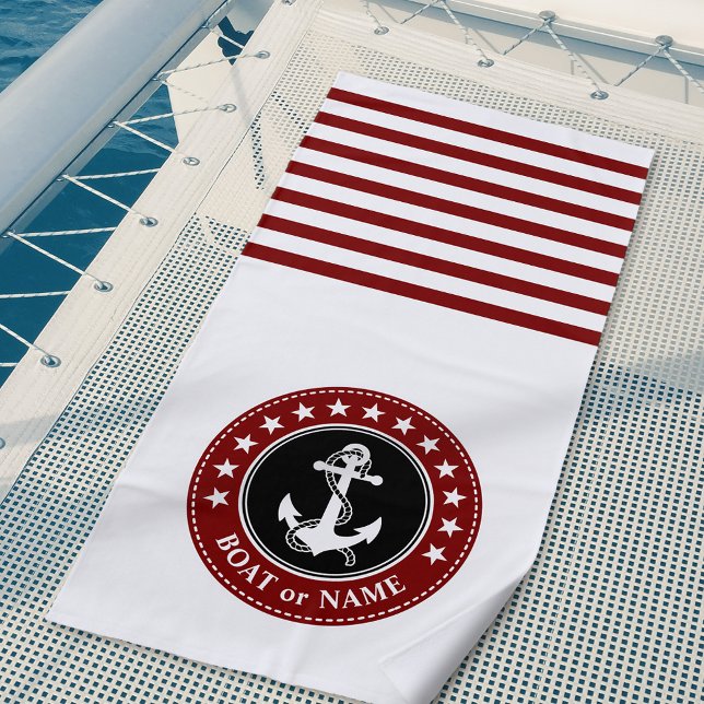 Boat Name Nautical Anchor Stars Stripes Deep Red Beach Towel (Creator Uploaded)