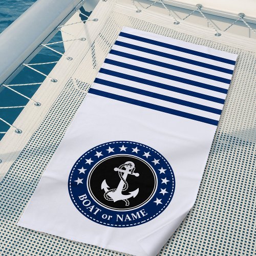 Boat Name Nautical Anchor Stars Stripes Navy Blue Beach Towel