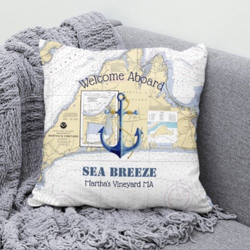 Boat Name  Nautical Anchor Welcome Aboard MA Outdoor Pillow
