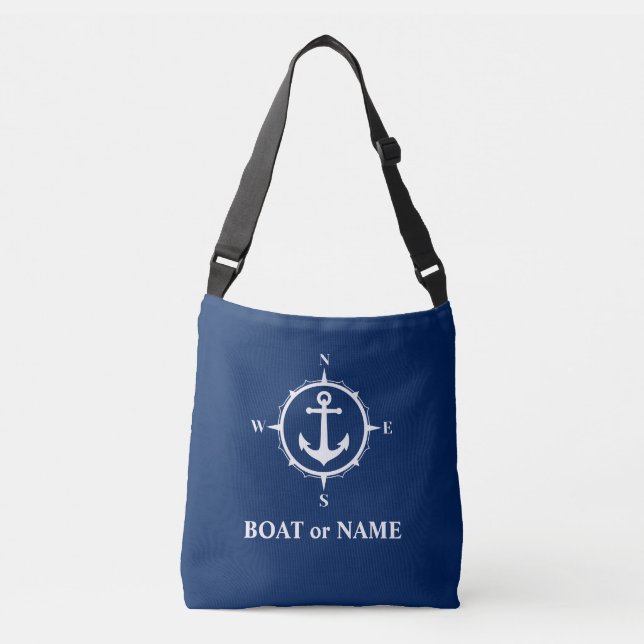 Boat Name Nautical Compass Anchor Navy Blue Crossbody Bag (Front)