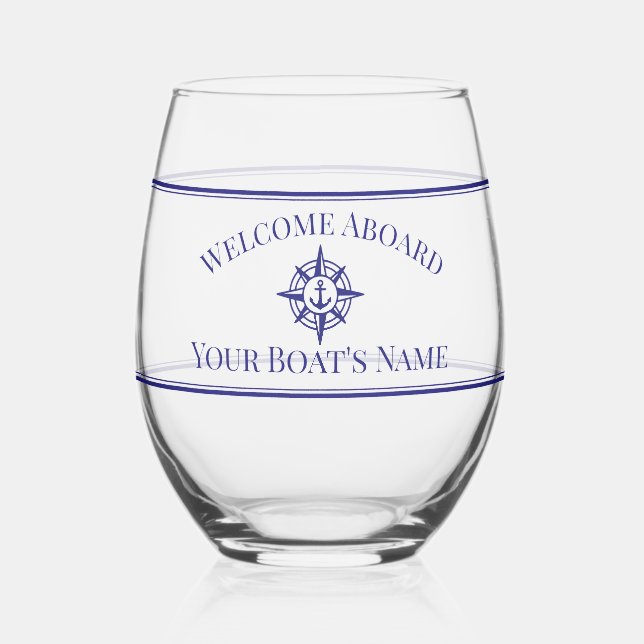 Boat Name Nautical Compass Drinkware Set Stemless Wine Glass (Left)