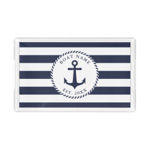 Boat Name Nautical Navy Blue White Anchor Acrylic Tray