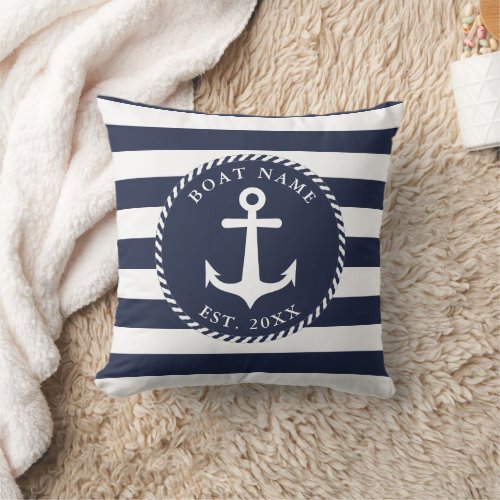 Boat Name Nautical Navy Blue White Anchor Summer Throw Pillow