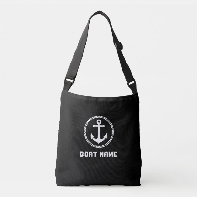 Boat Name Nautical Sea Anchor Black White Crossbody Bag (Front)