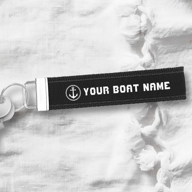 Boat Name Nautical Sea Anchor Black White Wrist Keychain (Creator Uploaded)