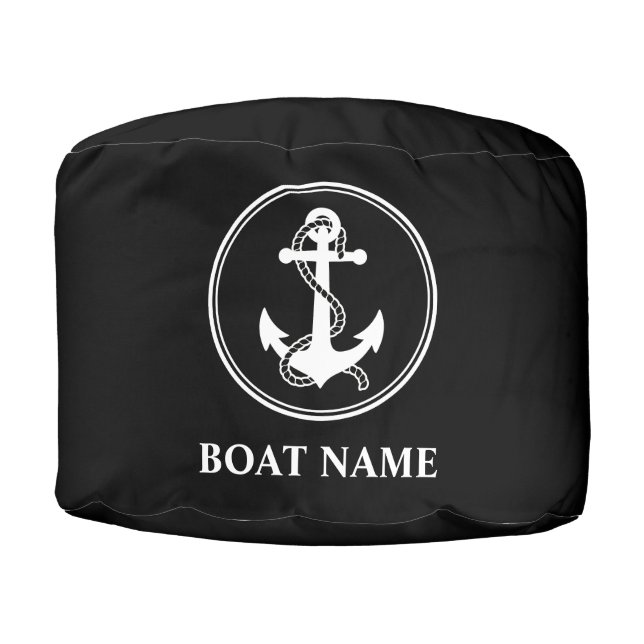 Boat Name Nautical Ship Anchor Black and White Pouf (Front)