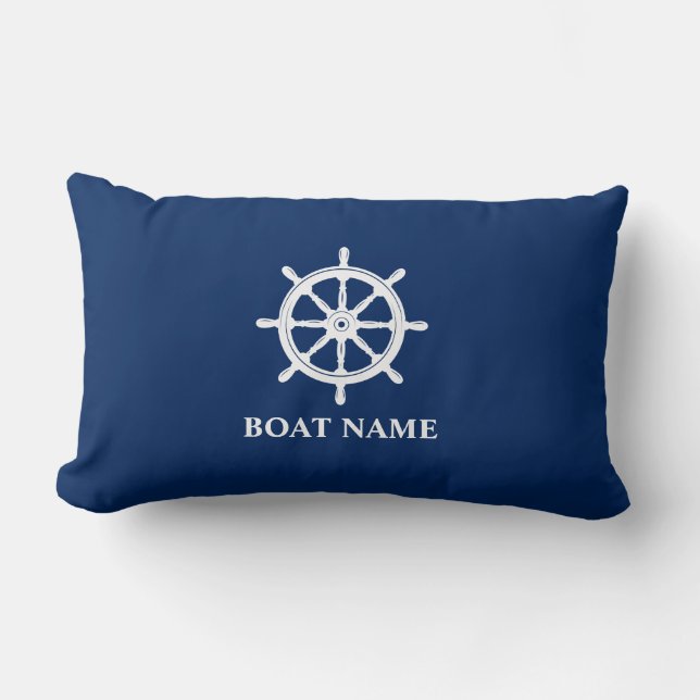 Boat Name Nautical Ships Wheel Helm Navy Blue Lumbar Pillow (Front)