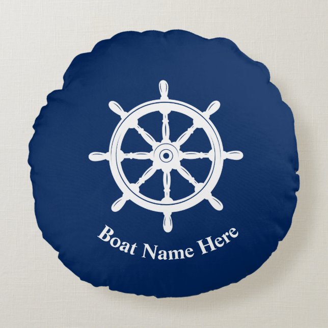 Boat Name Nautical Ships Wheel Helm Navy Blue Round Pillow (Front)