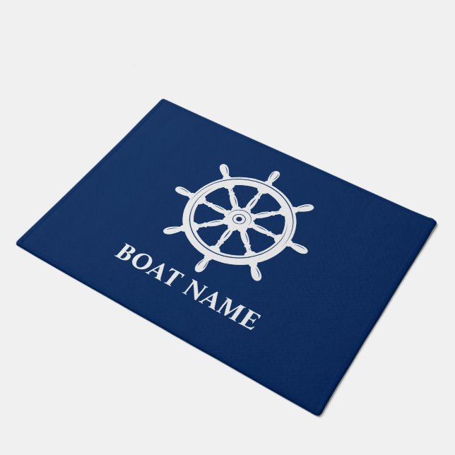 Boat Name Nautical Ships Wheel Navy Blue Doormat (Angled)
