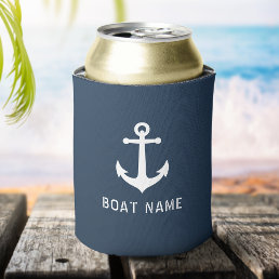 Boat Name Nautical Vintage Anchor Gray Blue Can Cooler