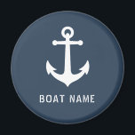 Boat Name Nautical Vintage Anchor Ocean Gray Blue Magnet<br><div class="desc">Stylish round refrigerator magnet with your personalized name,  boat name or other text and a custom vintage ship anchor in white on ocean gray-blue or choose background colors to match your  decor. Makes a great unique gift.</div>