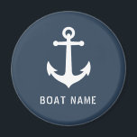 Boat Name Nautical Vintage Anchor Ocean Gray Blue Magnet<br><div class="desc">Stylish round refrigerator magnet with your personalized name,  boat name or other text and a custom vintage ship anchor in white on ocean gray-blue or choose background colors to match your  decor. Makes a great unique gift.</div>