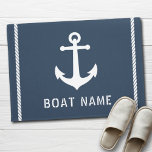 Boat Name Nautical Vintage Anchor Rope Stripes Doormat<br><div class="desc">A stylish inviting nautical doormat with your personalized name, boat name or other desired text. Features a custom designed vintage boat anchor with rope stripes. Chic blue gray with white or easily change the base color to match your current decor or theme. The perfect touch for your home, beach house...</div>