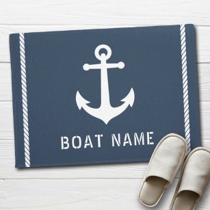 Boat Name Nautical Vintage Anchor Rope Stripes Doormat