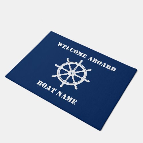 Boat Name Nautical Wheel Helm Welcome Aboard Navy Doormat