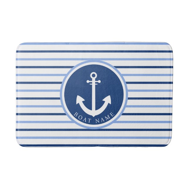Boat Name Navy Blue Anchor Modern Coastal  Bath Mat (Front)
