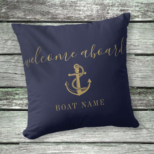 Boat Name Navy Blue And Gold Anchor Welcome Aboard Throw Pillow