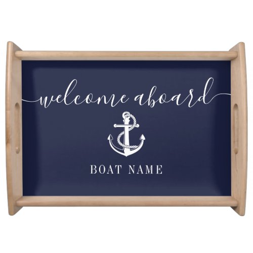 Boat Name Navy Blue Nautical Anchor Welcome Aboard Serving Tray