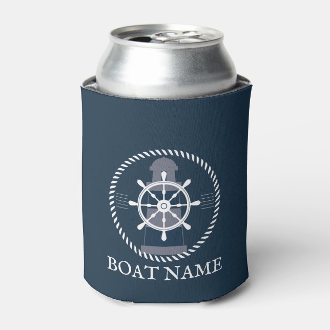 Boat Name Navy Blue Nautical Can Cooler (Can Front)