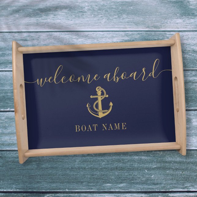 Boat Name Navy Blue Nautical Gold Welcome Aboard Serving Tray (Boat Name Navy Blue Nautical Gold Welcome Aboard Serving Tray)