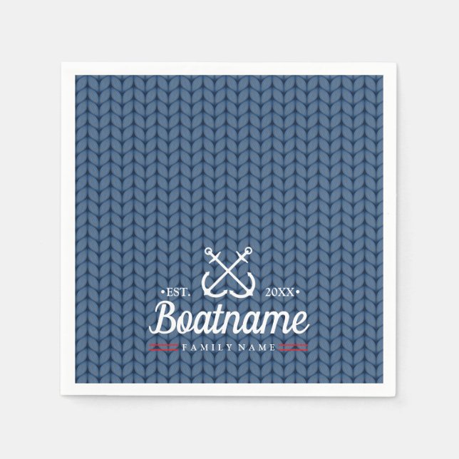 Boat Name Navy Blue Nautical Personalized Knitted Napkins (Front)