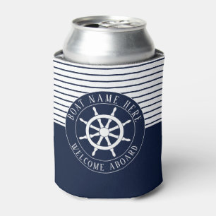 Boat Name Navy Blue Nautical Ship Helm Yacht Can Cooler