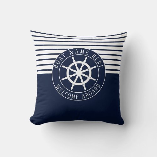 Boat Name Navy Blue Nautical Ship Helm Yacht Throw Pillow