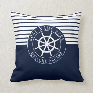 Boat Name Navy Blue Nautical Ship Helm Yacht Throw Pillow
