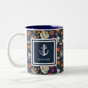Boat Name Navy Blue Sealife Nautical Anchor Two-Tone Coffee Mug