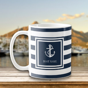 Boat Name Navy Blue Stripe Nautical Anchor Coffee Mug