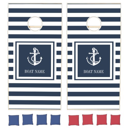 Boat Name Navy Blue Stripe Nautical Anchor Cornhole Set