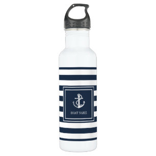 Boat Name Navy Blue Stripe Nautical Anchor Stainless Steel Water Bottle