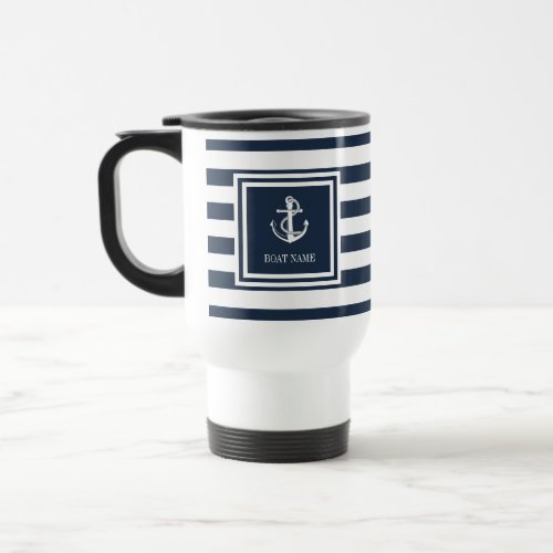 Boat Name Navy Blue Stripe Nautical Anchor Travel Mug