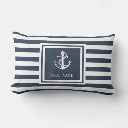 Boat Name Navy Blue Striped Nautical Anchor Lumbar Pillow