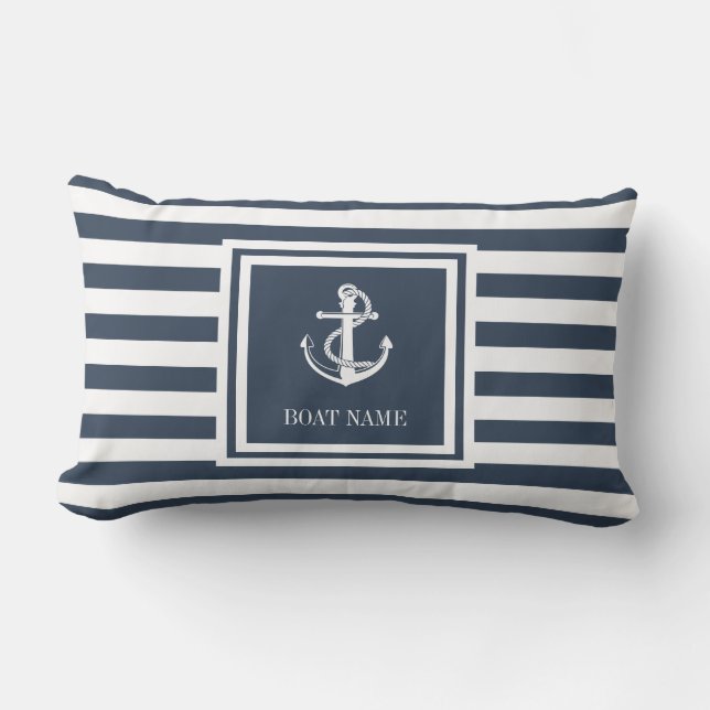 Boat Name Navy Blue Striped Nautical Anchor Lumbar Pillow (Front)