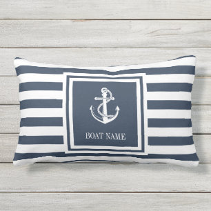 Boat Name Navy Blue Striped Nautical Anchor Lumbar Pillow