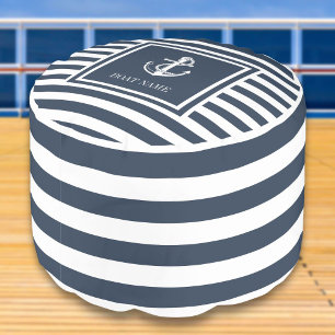Boat Name Navy Blue Striped Nautical Anchor Pouf