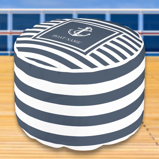Boat Name Navy Blue Striped Nautical Anchor Pouf (Creator Uploaded)