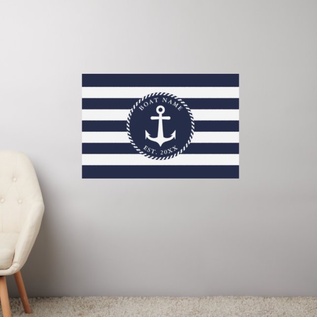 Boat Name Navy Blue White Nautical Anchor Wall Decal (Living Room 2)