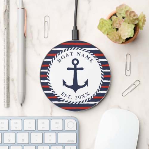 Boat Name Navy Blue White Red Anchor Nautical Wireless Charger