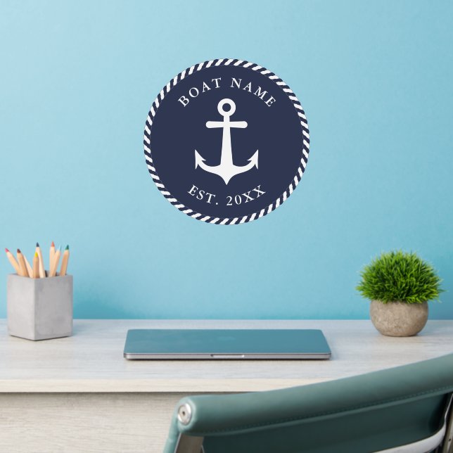 Boat Name Navy Blue & White Round Nautical Anchor Wall Decal (Home Office 2)