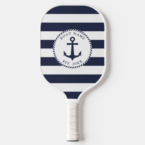Boat Name Navy Blue White Stripes Nautical Anchor Pickleball Paddle