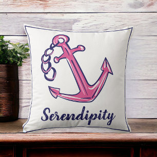 Boat Name Navy Pink Anchor  Throw Pillow