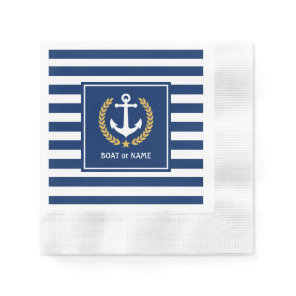 Boat Name or Family Anchor Gold Laurel Stripes Napkins